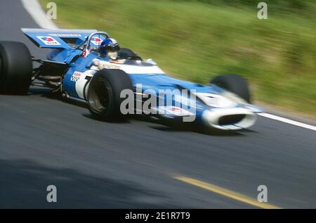 Jean-Pierre BELTOISE fährt Matra-Ford F1 Auto in voller Geschwindigkeit während des Grand Prix de France 1969, in Charade Circuit in der Nähe von Clermont-Ferrand. Stockfoto