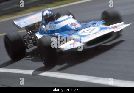 Jean-Pierre BELTOISE fährt Matra F1-Auto in voller Geschwindigkeit während des Grand Prix de France 1970, auf der Rennstrecke Charade in der Nähe von Clermont-Ferrand. Stockfoto