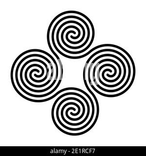 Vier verbundene keltische Doppelspiralen. Vierfachspirale, gebildet von vier ineinandergreiften archimedischen Spiralen. Symbol und Motiv. Stockfoto