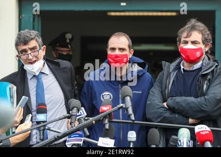 Palermo, Italien. Januar 2021. Palermo, Matteo Salvini bei der Open Arms Prozess im Bunkerraum des Gerichts von Palermo, auf dem Foto: Der Anwalt, der Kapitän und der Besitzer der offenen Arme. Kredit: Unabhängige Fotoagentur/Alamy Live Nachrichten Stockfoto