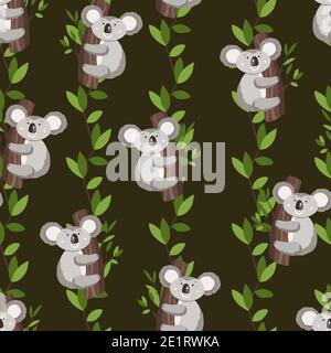 Nahtloses Muster mit niedlichen Koala Baby und Blätter auf farbigem Hintergrund. Lustige australische Tiere. Karte, Postkarten für Kinder. Flache Vektorgrafik für Stockfoto