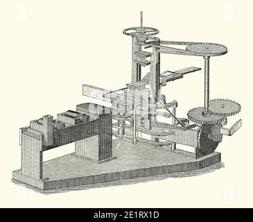 Eine alte Gravur einer Maschine zur Herstellung von Holzpasteln. Es ist aus einem viktorianischen Buch der 1880s. Holz wird in die Maschine (Mitte hinten) eingespeist. Cutter reduzieren dieses Holz auf individuelle Streichhölzer (Mitte), die mit Phosphor gekippt werden können. Frühe Streichhölzer verwendeten weißen Phosphor, aber da er leicht entzündlich war, verursachten sie versehentliche Brände und weißer Phosphor war hochgiftig. Der Schwede J E Lundstrom verwendete ungiftigen roten Phosphor und führte 1855 Sicherheitsmatches ein. Die frühzeitige Matchmaking wurde manuell durchgeführt. Die Mechanisierung übernahm langsam im Jahr 1800s – die erste automatische Streichmaschine wurde 1888 patentiert. Stockfoto