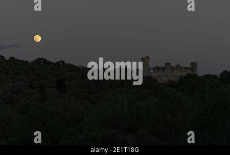 Vollmond über Schloss Bellver, in Palma de Mallorca. Stockfoto