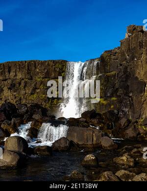 Landschaftsfotografie von Wasserfällen während einer alleinfahrenden Fahrt durch die Landschaft Island Stockfoto