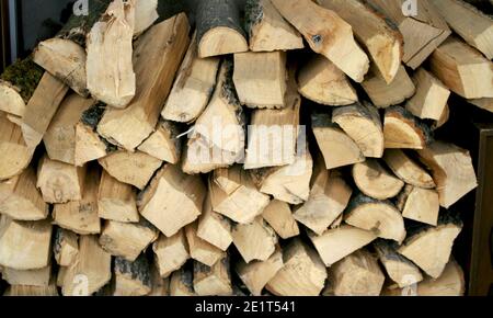 Brennholz zum Grillen gehackt. Gehacktes Holz zum Anzünden. Stockfoto