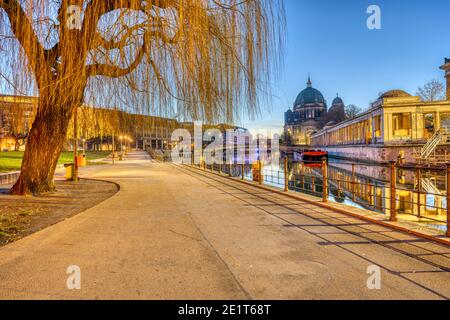 Fußweg mit einer Trauerweide auf der Museumsinsel In Berlin vor Sonnenaufgang Stockfoto