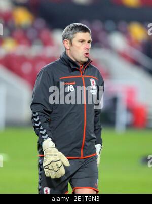 Brentford, Großbritannien. Januar 2021. Middlesbrough Torwarttrainer Ian Bennett vor dem FA Cup Spiel im Brentford Community Stadium, Brentford Bild von Mark Chapman/Focus Images/Sipa USA ? 09/01/2021 Credit: SIPA USA/Alamy Live News Stockfoto