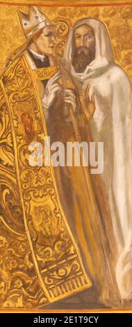 BARCELONA, SPANIEN - 3. MÄRZ 2020: Das Gemälde des heiligen Johannes von Damaskus und des heiligen Cyril in der Kirche Santuario Nuestra Senora del Sagrado Corazon Stockfoto