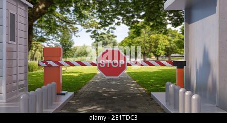 Auto Schranke Tor im Freien mit Stoppschild, privater Garten Park Hintergrund, geschlossener automatischer Boom, Eingangskontrolle, Sicherheits-Check-Kabine Konzept. 3d Abb. Stockfoto