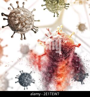 Mikroskopische Ansicht des Coronavirus, eines Erregers, der die Atemwege angreift. Covid-19. Analyse und Test, 3d-Rendering. Virusinfektion. Fortführung Stockfoto