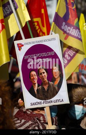 Paris, Frankreich. Januar 2021. Marsch zu Ehren von Sakine Cansiz, Fidan Dogan und Leyla Soylemez, drei kurdischen Aktivisten, die am 09. Januar 2013 in Paris, Frankreich, ermordet 2021 wurden. Demonstranten prangern die Straffreiheit für diese Verbrechen und ihren Sponsor an, so der türkische Präsident Erdogan. Foto von Pierrick Villette/Avenir Pictures/ABACAPRESS.COM Quelle: Abaca Press/Alamy Live News Stockfoto