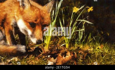 Schöner Fuchs auf einem Hintergrund von Gras und Blumen. Künstlerische Arbeit zum Thema Tiere Stockfoto