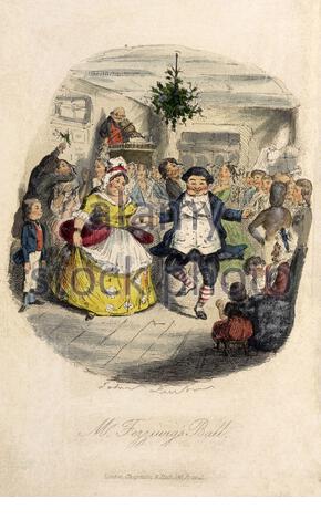 Herr Fezziwigs Ball, aus der Novelle A Christmas Carol von Charles Dickens, Vintage-Farbillustration von 1843 Stockfoto