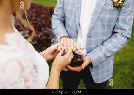 Braut legt Ehering auf den Finger des Bräutigams. Boutonniere. Unscharfer Hintergrund Stockfoto