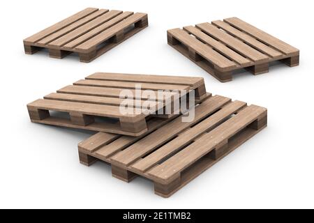 Gruppe von Holzpaletten. Gruppe von Holzpaletten isoliert auf weißem Hintergrund. 3D-Illustration Stockfoto