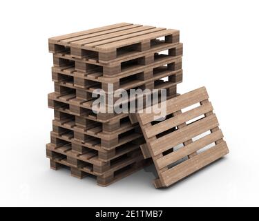 Gruppe von Holzpaletten. Gruppe von Holzpaletten im Stapel isoliert auf weißem Hintergrund. Isoliert. 3D-Illustration Stockfoto