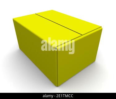 Geschlossene gelbe Box liegt auf einer weißen Oberfläche. Die dreidimensionale Abbildung Stockfoto