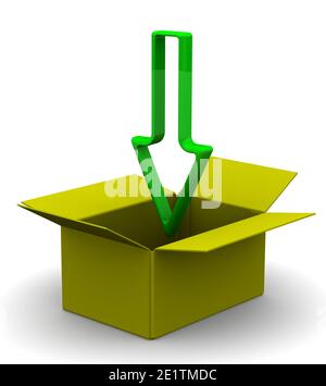 Der grüne Pfeil, der die Richtung im Feld angibt.Öffnen Sie das gelbe Feld und den Pfeil, der die Richtung nach innen zeigt. 3D-Illustration Stockfoto