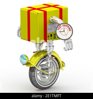 Schneller Versand. Paket als Roboter auf der Monowheel. Gelbes Paket als Roboter auf dem Monorad, auf einer weißen Oberfläche stehend. 3D-Illustration Stockfoto