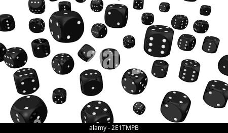 Schwarze Würfel. Viele schwarze Würfel auf weißem Hintergrund isoliert. 3D-Illustration Stockfoto
