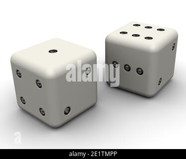 Weiße Würfel. Paar weiße Würfel auf weißem Hintergrund isoliert. 3D-Illustration Stockfoto