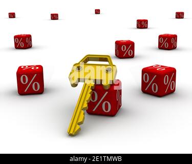 Zinsen auf Autokredite. Goldschlüssel mit Symbol des Autos und rote Würfel mit Prozentsatz auf weißer Oberfläche. Finanzkonzept. 3D-Illustration Stockfoto