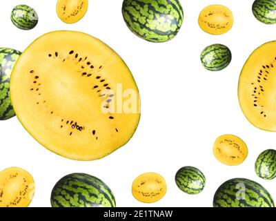Wassermelone mit reifer gelber Mitte auf weißem Hintergrund mit Platz für Text. Selektiver Bildfokus. Levitation Banner, Werbung . Stockfoto