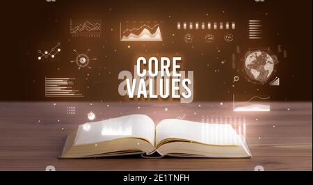 Kernwerte Inschrift aus einem offenen Buch, Creative Business Konzept Stockfoto