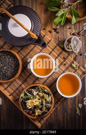 Kräuter-und Früchtetee-Konzept mit Teekanne und Infuser und Verschiedene Kräuterblätter auf Holzhintergrund Stockfoto