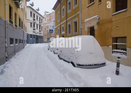 Schneetag in San Lorenzo de El Escorial, Madrid. Stockfoto