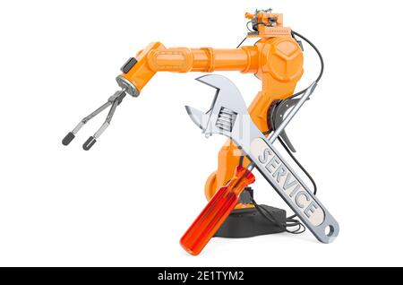 Service und Reparatur von mechanischen Roboterarm, 3D-Rendering isoliert auf weißem Hintergrund Stockfoto