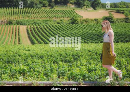 Eine junge Frau erkundet die Weinberge von Saint-Emilion in der französischen Region Bordeaux. Stockfoto