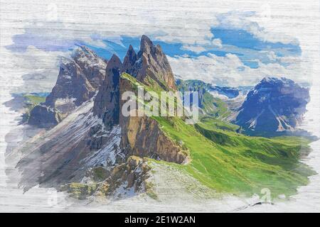 Grüner Seceda Berg in den Dolomiten, Italien, Aquarellmalerei Stockfoto