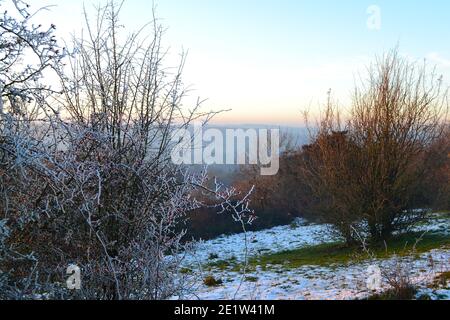 Fackenden Down, in Kent, bei Sevenoaks, im Schnee und Frost im Januar 2021 am späten Nachmittag. Vereiste Bäume, neblige Ausblicke, mattierte Äste, eisige Straße Stockfoto