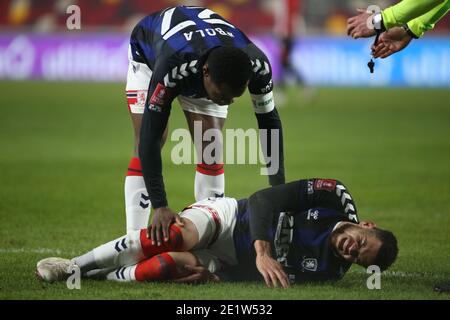 LONDON, ENGLAND. 9. JANUAR Marc Bola von Middlesbrough Gesten während des FA Cup-Spiels zwischen Brentford und Middlesbrough im Brentford Community Stadium, Brentford am Samstag, 9. Januar 2021. (Quelle: Federico Maranesi, Mi News) Stockfoto