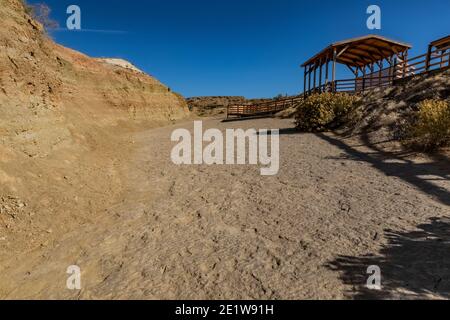 Ballsaal mit zahlreichen Dinosaurierspuren auf der Red Gulch Dinosaur Tracksite auf BLM Land in der Nähe von Greybull und Shell, Wyoming, USA Stockfoto