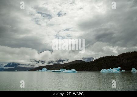 Große Eisberge, die vom Glacier Grey abgekalbt wurden, schwimmen im Wasser des Lago Grey, mit zerklüfteten Gipfeln der Torres del Paine dahinter, Patagonien, Chile Stockfoto