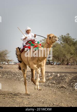 Khadal, Oman, 7. April 2018: Youg Mann Rennen auf seinem Kamel, um sein Können in einer staubigen Landstraße zu zeigen Stockfoto