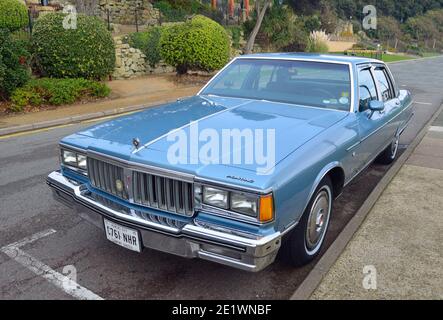 Classic Pontiac Parisienne V6 geparkt mit Gärten im Hintergrund. Stockfoto