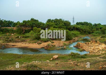 Ein Fluss ist ein natürlich fließender Wasserlauf, in der Regel Süßwasser, der auf einen Ozean, ein Meer, einen See oder einen anderen Fluss zufließt. Stockfoto