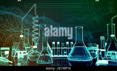 Laborröhrchen und andere verschiedene Glaswaren mit digitalen Effekten - Medizinkonzept oder wissenschaftlicher Hintergrund, 3D-Darstellung von Objekten Stockfoto