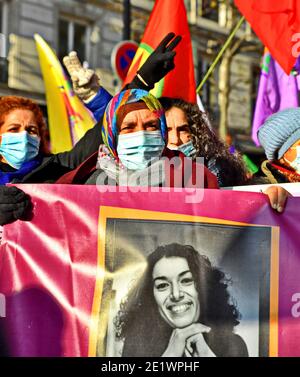 Paris, Frankreich. Januar 2021. Marsch zu Ehren von Sakine Cansiz, Fidan Dogan und Leyla Soylemez, drei kurdischen Aktivisten, die am 09. Januar 2013 in Paris, Frankreich, ermordet 2021 wurden. Demonstranten prangern die Straffreiheit für diese Verbrechen und ihren Sponsor an, so der türkische Präsident Erdogan. Foto von Karim Ait Adjedjou/Avenir Pictures/ABACAPRESS.COM Quelle: Abaca Press/Alamy Live News Stockfoto