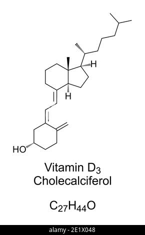 Vitamin D3, Cholecalciferol, chemische Struktur und Skelettformel. Hergestellt von der Haut im Sonnenlicht, in einigen Lebensmitteln gefunden. Stockfoto