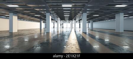 Interior Industrial Zement Loft Design Konzept 3d Rendering Illustration modern Hintergrundbild für das Home Office Stockfoto