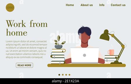 Web-Seite Vorlage mit jungen Mann zu Hause arbeiten Stockfoto