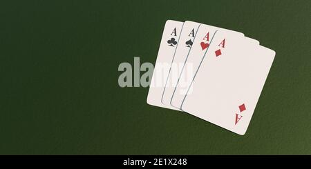 4 Asse auf grünem Casino Tisch Glücksspiel Erfolgskonzept 3d-Renderdarstellung Stockfoto