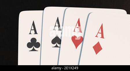 Vier Asse Karten auf dunklem Hintergrund Glücksspiel Erfolg gewinnendes Konzept 3d-Renderdarstellung Stockfoto
