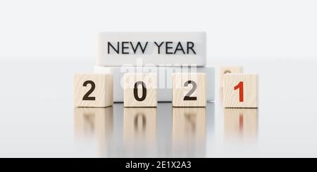 2021 Happy New Year celebration Concept Numbers auf Holzwürfeln Auf hellem neutralem Bürohintergrund 3d-Darstellung rendern Stockfoto