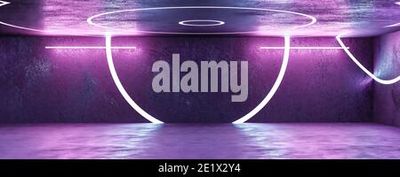 Betonwand 3d Rendering mit futuristischen Cyber Punk retro Design mit blauer und violetter Neonbeleuchtung Stockfoto
