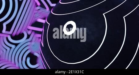 Abstrakte Kugeln mit neonblauen und violetten Leuchtringen Casting Neonlicht 3d Rendering Illustration Stockfoto
